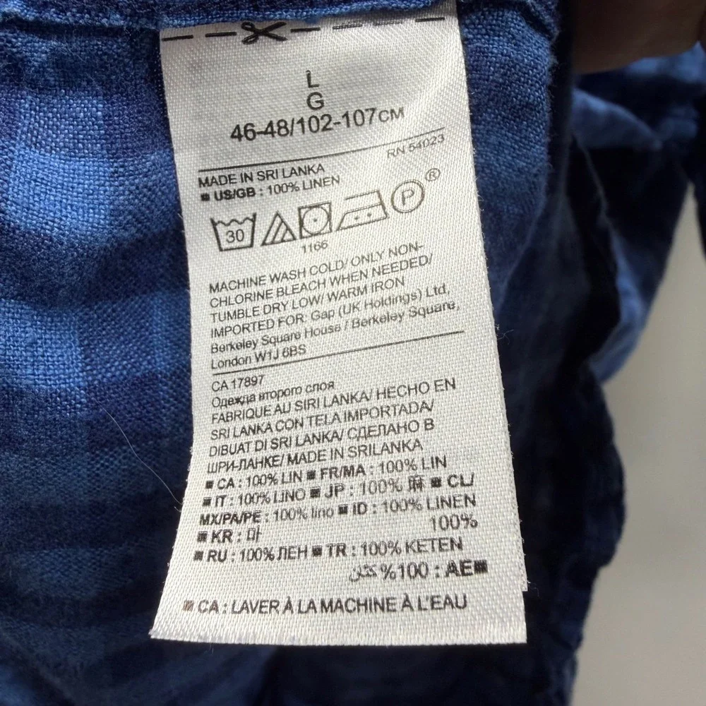 Banana Republic Camden Fit Blue Check Short Sleeve Linen Button Down Shirt Men L